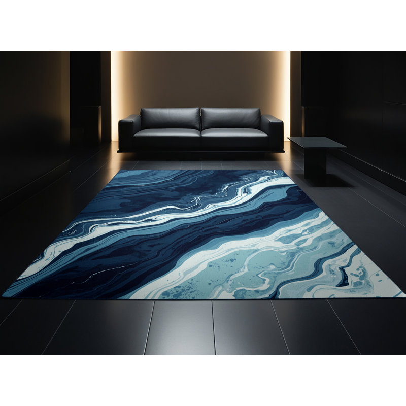 Soft Plush Earls Posh & Luxe Marble Area Rug in Blue – Navy Binding, 8x12