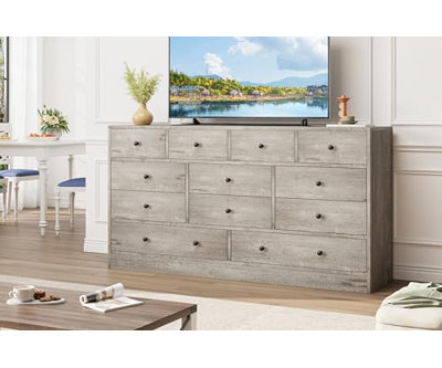 12 Drawer Dresser for Bedroom, 61 in Long Modern White Dresser TV Stand with Charging Station