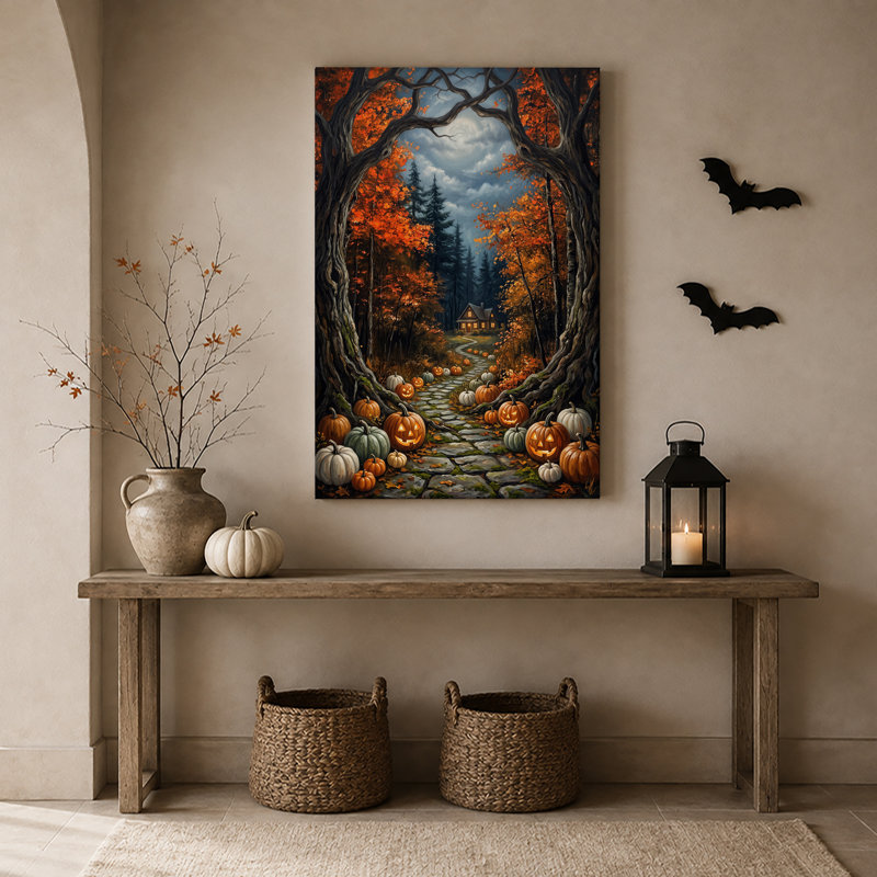 «Autumn Forest Path with Glowing Jack O Lanterns», art mural sur toile, H 18 po x l 12 po
