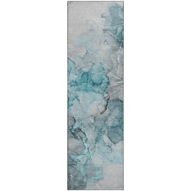 Premium Machine Washable Cerrito AMF520 Teal Rug, Runner 2'3" x 7'6"