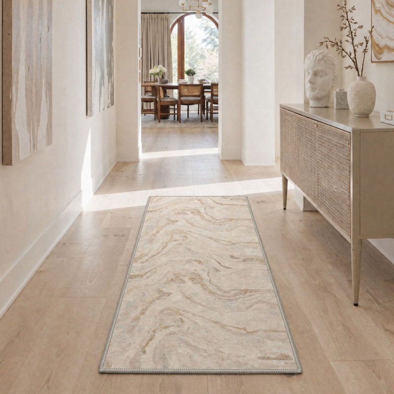 Tapis de couloir Atkins en marbre lavable à la machine ivoire / brun clair avec envers antidérapant, Rond 5 pi