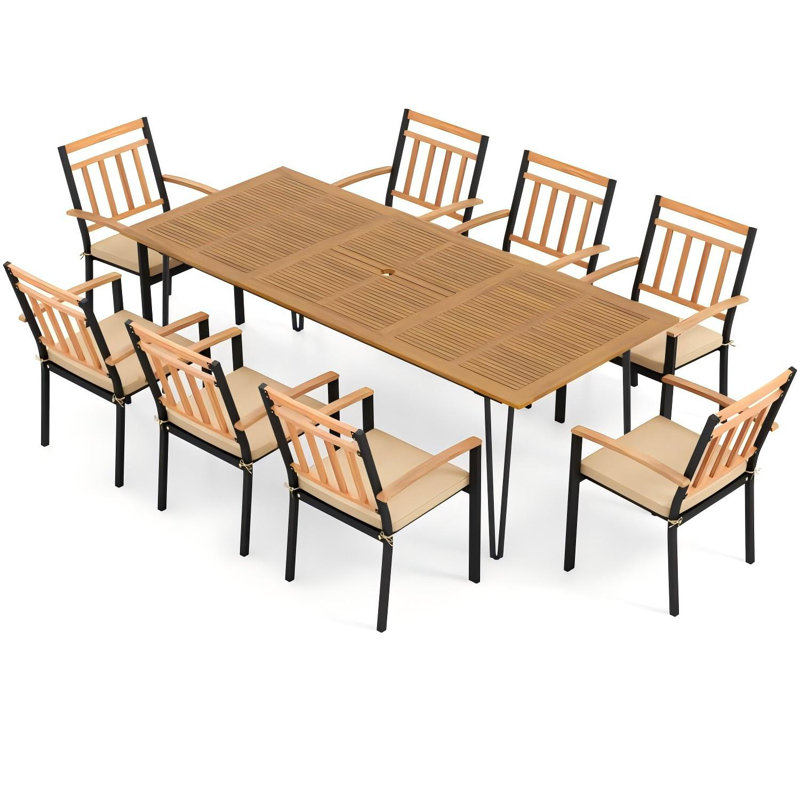 9 Pcs Patio Dining Table Chair Set, 86.5 In. L Dining Table With Umbrella Hole
