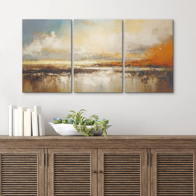 " Sunset Over Autumn Lake Watercolor Pastel Landscape Nature Modern Art Decor Rustic Calm " 3 Piece Art Print
