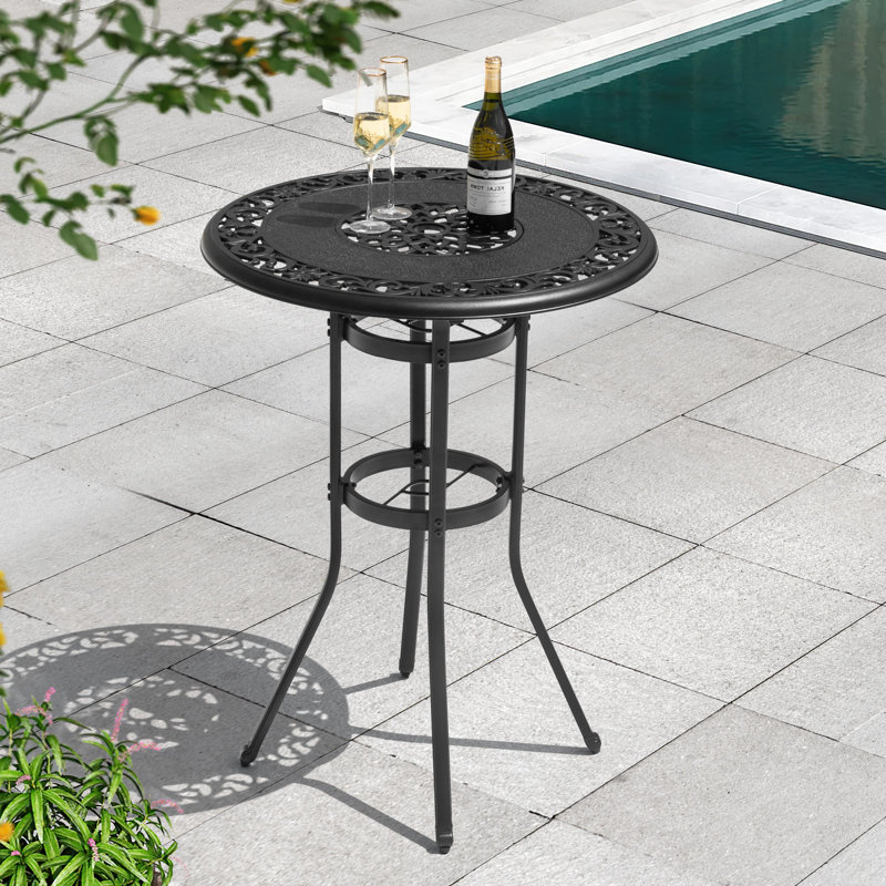 Cast Aluminum Patio Bar Table With Vintage Hollow Tabletop, Umbrella Hole