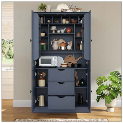 Garde-manger autoportant de 42,3 x 20,0 x 70,9 pouces, grand poste de travail de rangement avec 4 portes, 3 tiroirs, 6 tablettes de porte, tablettes amovibles et 6 supports à vin