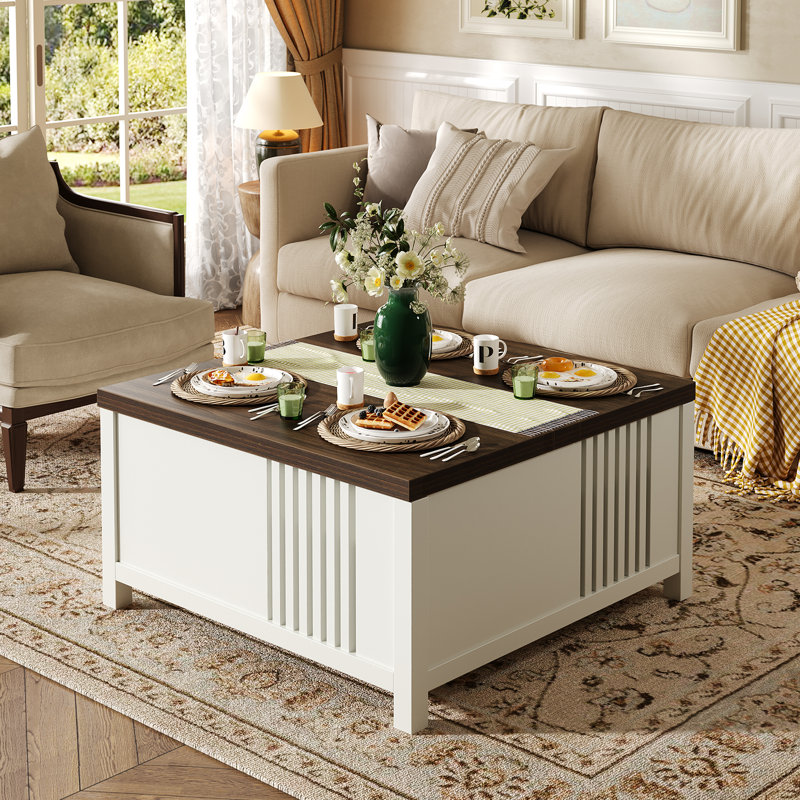 Table basse Farmhouse, Plateau en bois brun foncé/Socle blanc