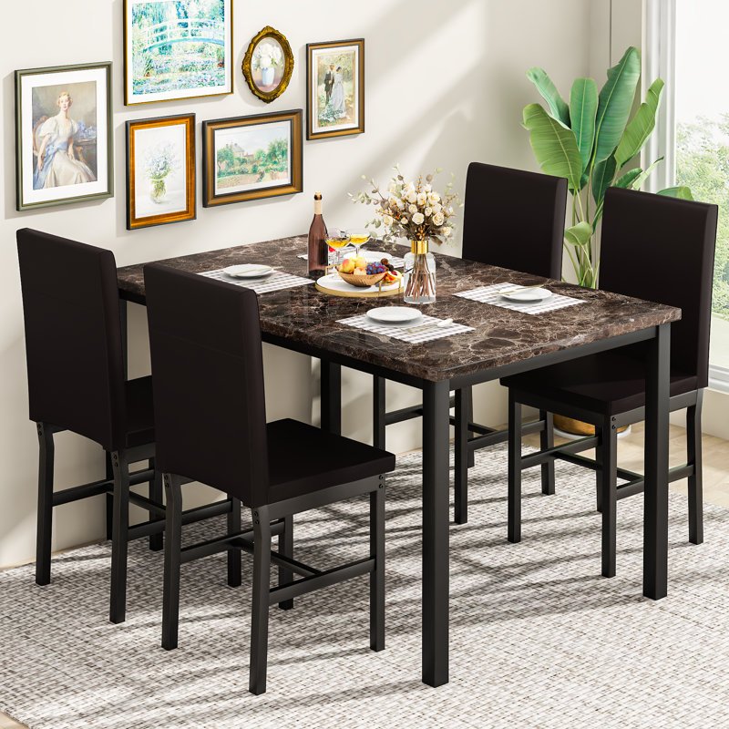 Geore 4 - Person Four Leg Dining Set,  Marble Brown