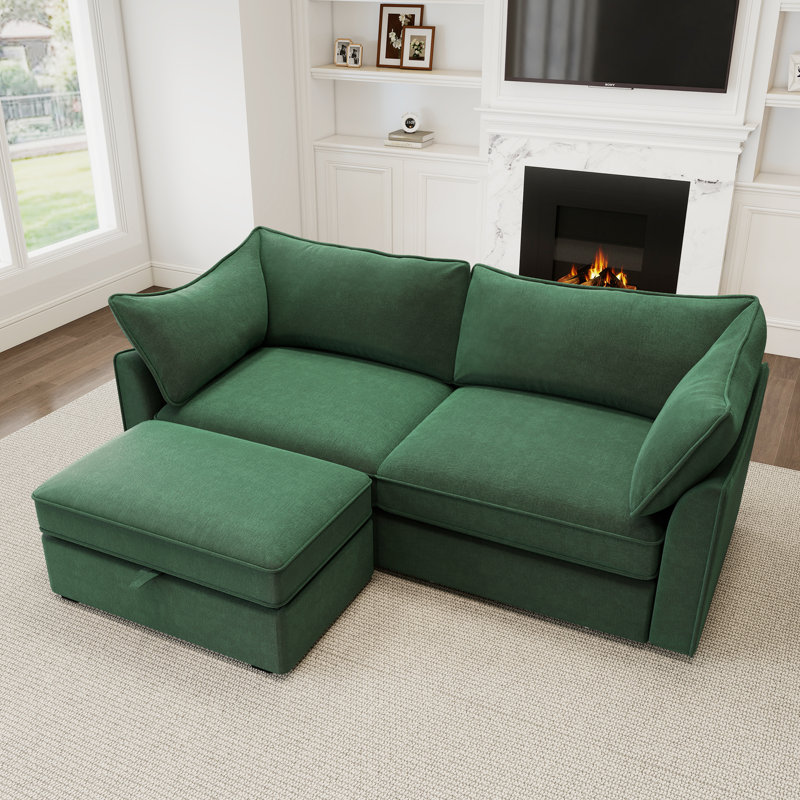 2 Seater Sofa With Footrest , 2-Seat Sofa With 1 Movable Ottoman, Pull Out Storage Drawer Under Each Seat,Chenille, Green