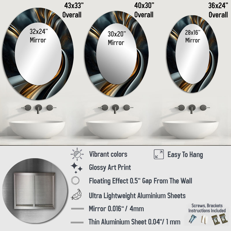 Swirl Abstract In Gold And Black Tones II - Gold Modern Oval Wall Mirror, 36" x 24"