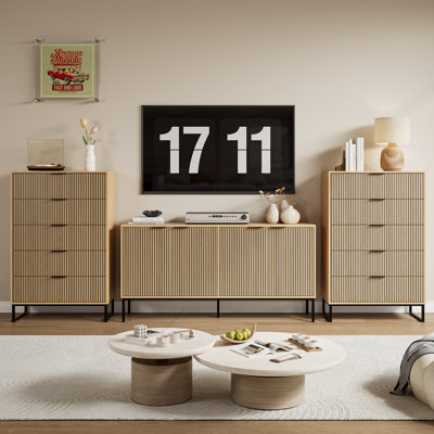 Meuble télé 63 po cannelé avec rangement et tablettes, centre de divertissement en bois pour le salon et la chambre à coucher, console multimédia et console de télévision moderne