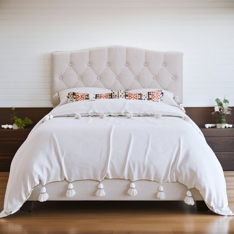 Lit plateforme tapissier en lin - Tête de lit capitonnée Diamond, capacité de 881 lb, sans sommier tapissier, beige