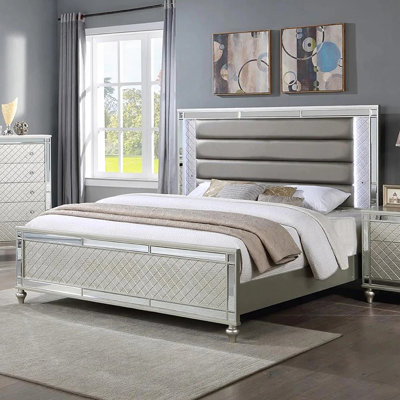 Luxury Stunning Silver Finish 1pc Side Panel Bed Plush Channel Tufted Integrated LED Lighting