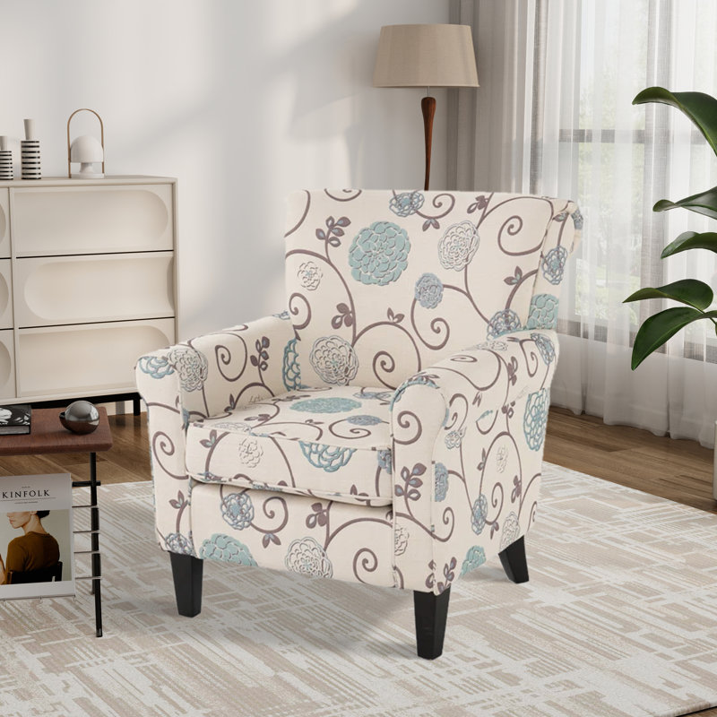 Fauteuil d'appoint rembourré en tissu floral 31,73 po avec pieds en bois massif
