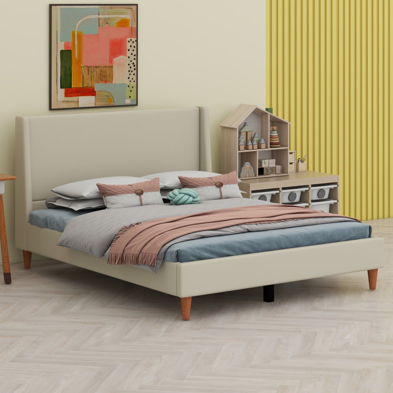 Lit plateforme tapissier avec tête de lit à oreilles et pieds en bois, Beige, Grand lit