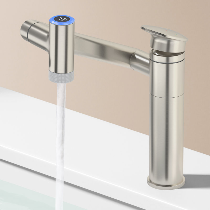 Brushed Nickel Single Handle Bathroom Faucet With Temperature Display And 1080° Swivel, Brushed Nickel