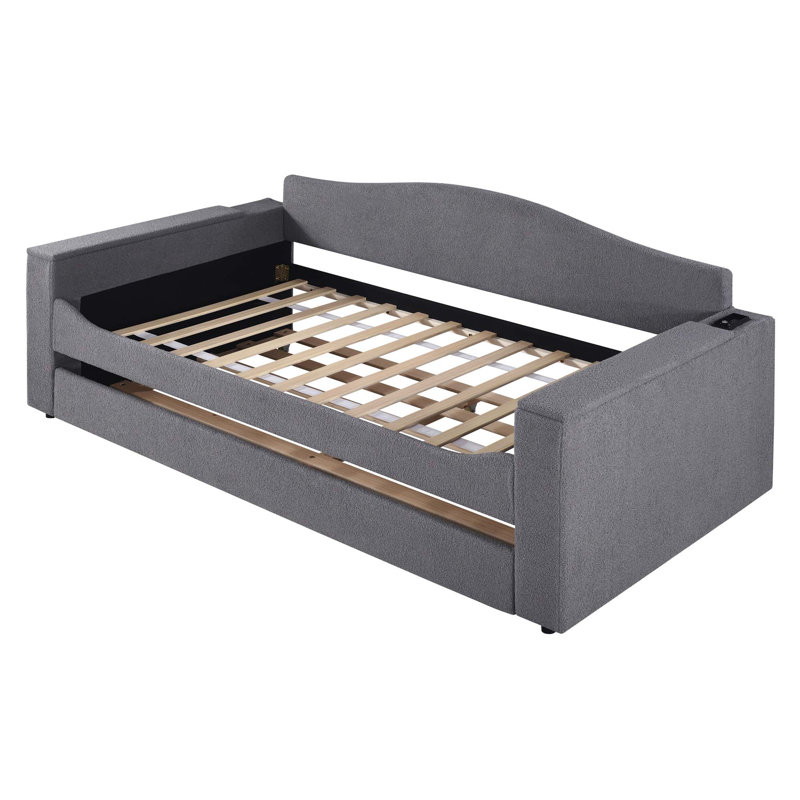 Upholstered Daybed With Storage Armrests, Trundle And Latest Integrated Bluetooth Audio System, Teddy Fleece, Gray, Twin