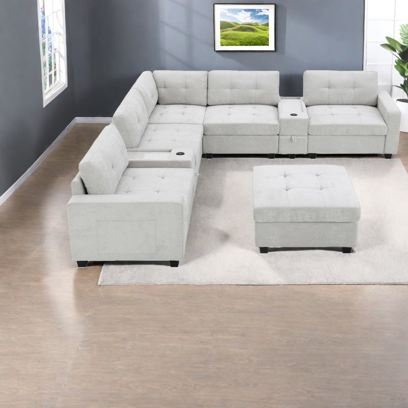 Canapé modulaire polyvalent en chenille avec rangement et charge USB, design moderne pour la maison