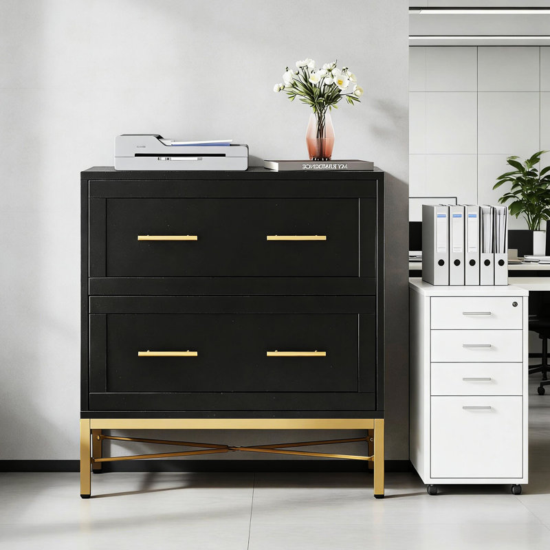 Classeur de bureau élégant à 2 tiroirs avec rails réglables pour dossiers de format lettre, légal et A4, finition blanche, pieds dorés, système de verrouillage, support mural optionnel, armoire de rangement idéale pour la maison,