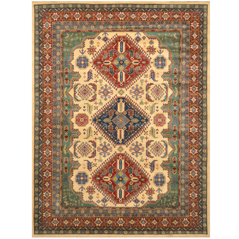 Tapis unique en laine noué à la main de style Kazak rouge / brun / ivoire de 9 pi x 12 pi Jevon