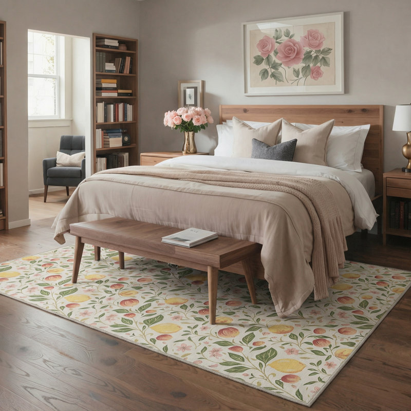 Boho Fruit Foliage Machine Washable Blush Peach Indoor Area Rug With Non-Slip Backing, Rectangle 6' x 9'