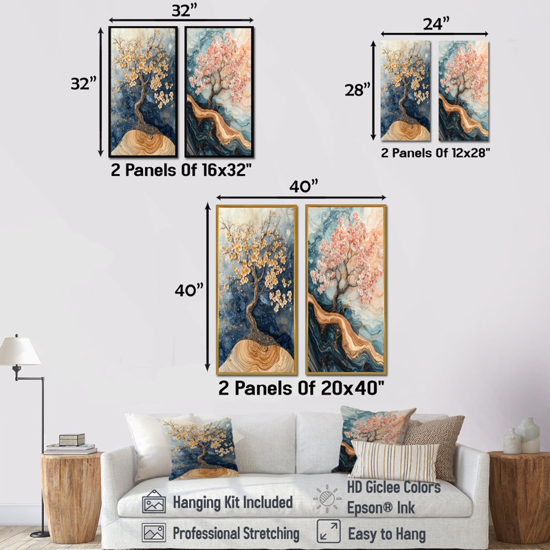Fleur de cerisier, Sakura Serenade I - Art sur toile floral, 2 pièces, H 32 po x l 33 po, Cadre flottant doré