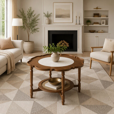 Mid-Century Style Petal Shape Coffee Table with White Crackle Glass and Rattan, 2-Tier Storage