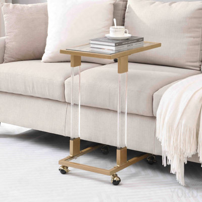Table d'appoint dorée, table de canapé en acrylique, table carrée en C avec plateau en verre et base en métal pour le salon, la chambre à coucher, le balcon, la maison et le bureau