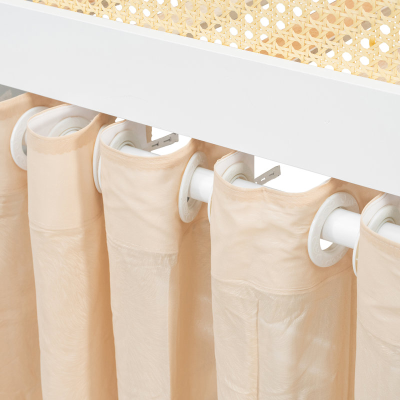 Lit superposé Haven Rattan Decor avec tablette de rangement à 6 niveaux, rideaux et lumières pour enfants, Lit simple, White