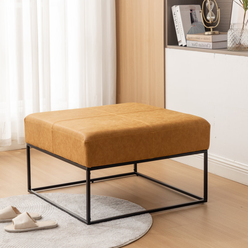 Cattibrie Leather Upholstered Square Ottoman, Yellow Faux Leather