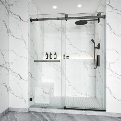 Sola 68"-73" W X 76" H Single Sliding Frameless Shower Door In Gunmetal With 3/8"(10mm) SGCC Certified Clear Tempered Glass, With towel Bar