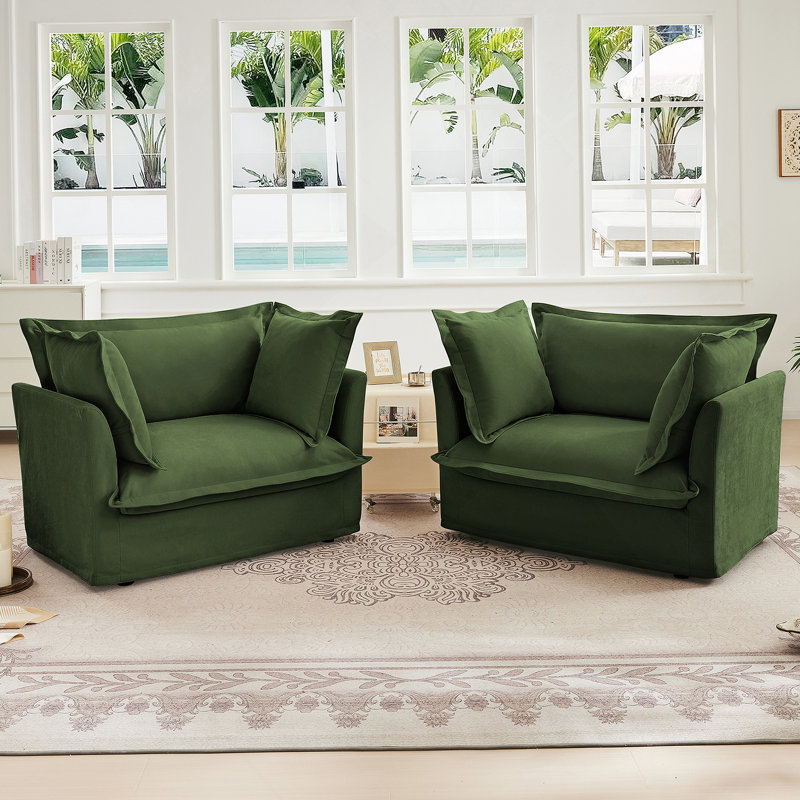 Ensemble confortable de 2 fauteuils pour différentes pièces avec coussins moelleux et tissu chenille, Vert