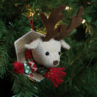 Ornement de Noël 7,5 po avec tête de renne en peluche brune et beige