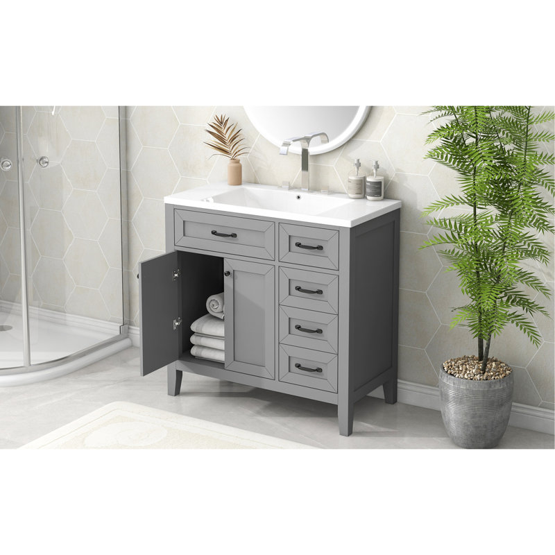 Meuble-lavabo 36 po avec lavabo, armoire de salle de bain avec tiroirs, cadre solide et panneau de fibres à densité moyenne, gris