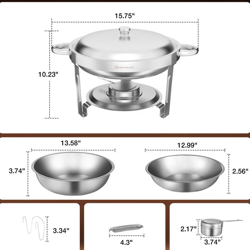 Réchaud pour buffet 5QT 1Pack, ensemble rond avec support de couvercle, ensembles de réchauds en acier inoxydable