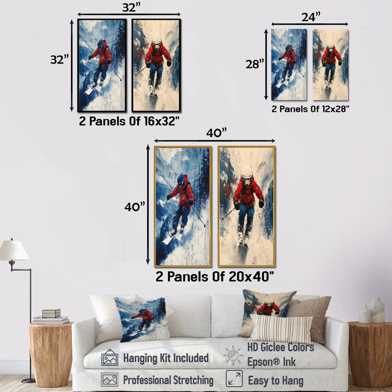 «Red Ski Big Air Accents With Blue I» - ensemble d'art mural 2 pièces, H 32 po x l 32 po, Cadre flottant érable