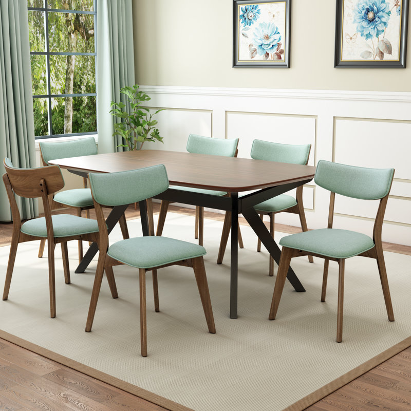 Evonne Upholstered Dining Set With Rubberwood Frame, 7, Mint