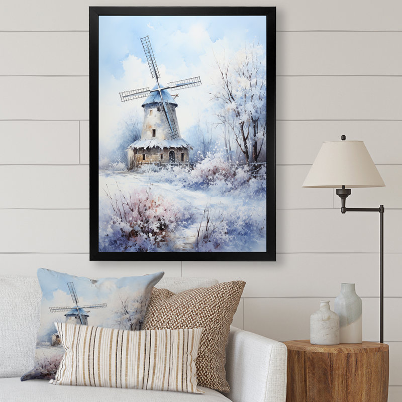 «Snowy Windmill Winter Landscape I - Windmills», art mural, Cadre flottant noir, H 44 po x l 34 po x P 1,5 po