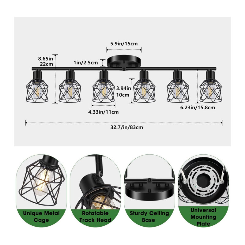 6-Light Black Semi Flush Mount, Rotatable Track Lighting Kit with Wire Cages
