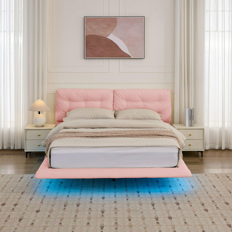 Cadre de lit flottant pour grand lit avec lumières DEL, plateforme en cuir d'unité centrale, tête de lit capitonnée, assemblage facile, aucun sommier tapissier requis, rose