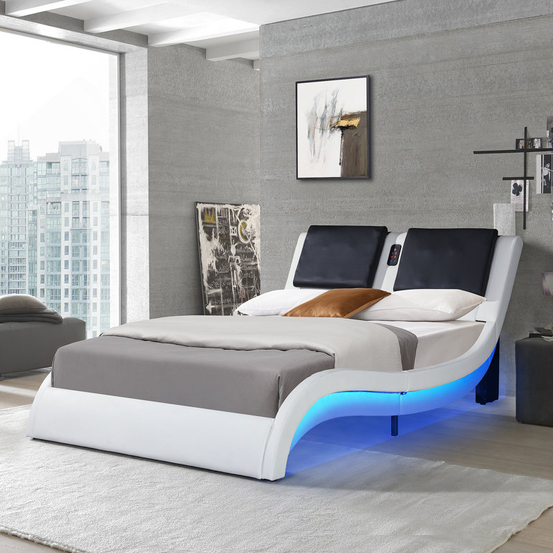 Faux Leather Upholstered Platform Bed Frame with led lighting ,Bluetooth connection to play music /RGB control,Backrest vibration massage,Curve Design, Wood Slat Support, No Box Spring Needed