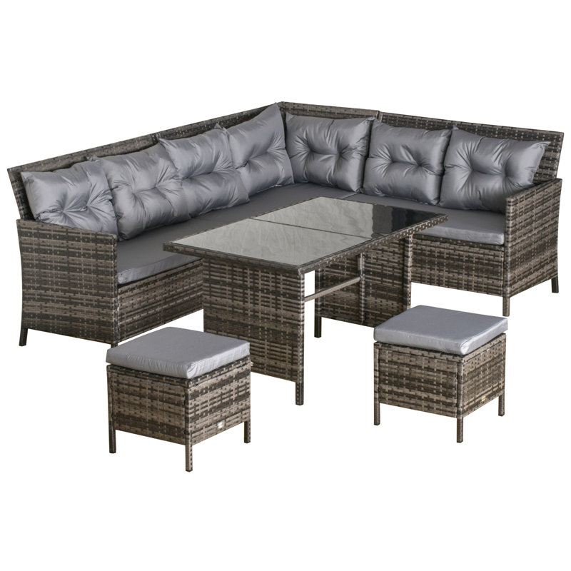 8 Seater Grey Rattan Garden Sofa Set, 6 Piece Wicker Furniture with Footstools, Cushions and Glass Top Table