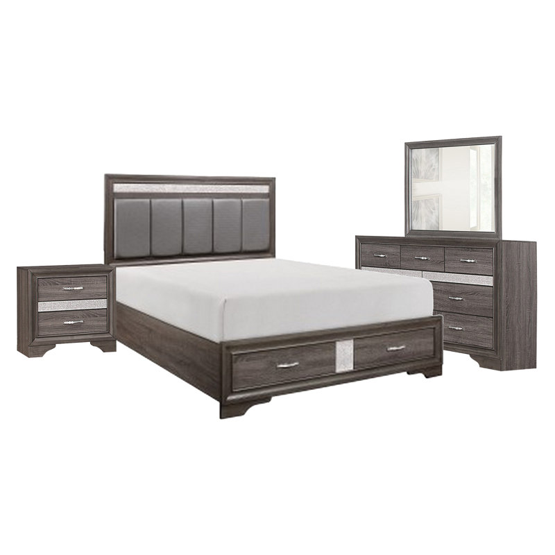 Ensemble de chambre à coucher pour grand lit 4 pièces Lucy, capitonnée en faux cuir, accents argentés, gris, Grey/Silver