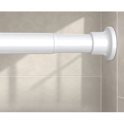 A white 1" diameter spring-loaded tension rod adjustable from 48 to 84 inch; it installs easily without drilling, uses non-slip caps, is rust-proof and renter-friendly, and works for windows, shower curtains, doors, and closets.