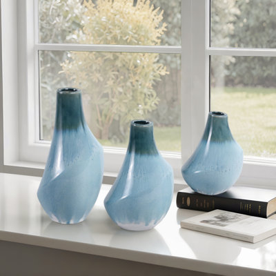 Textured Ceramic Table Vases for Home Decor - Modern Bud Flower Vases for Living Room, Office or Shelf Styling - Green/Light Blue