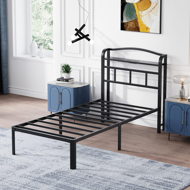 14 Inch Metal Bed Frame With Headboard And Charging Station No Box Spring Needed, Twin