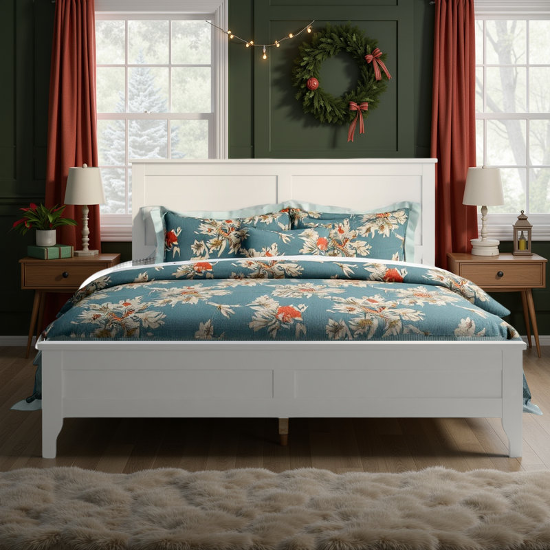 Wooden Platform Bed Frame with Headboard, Solid Pine Construction, White, King