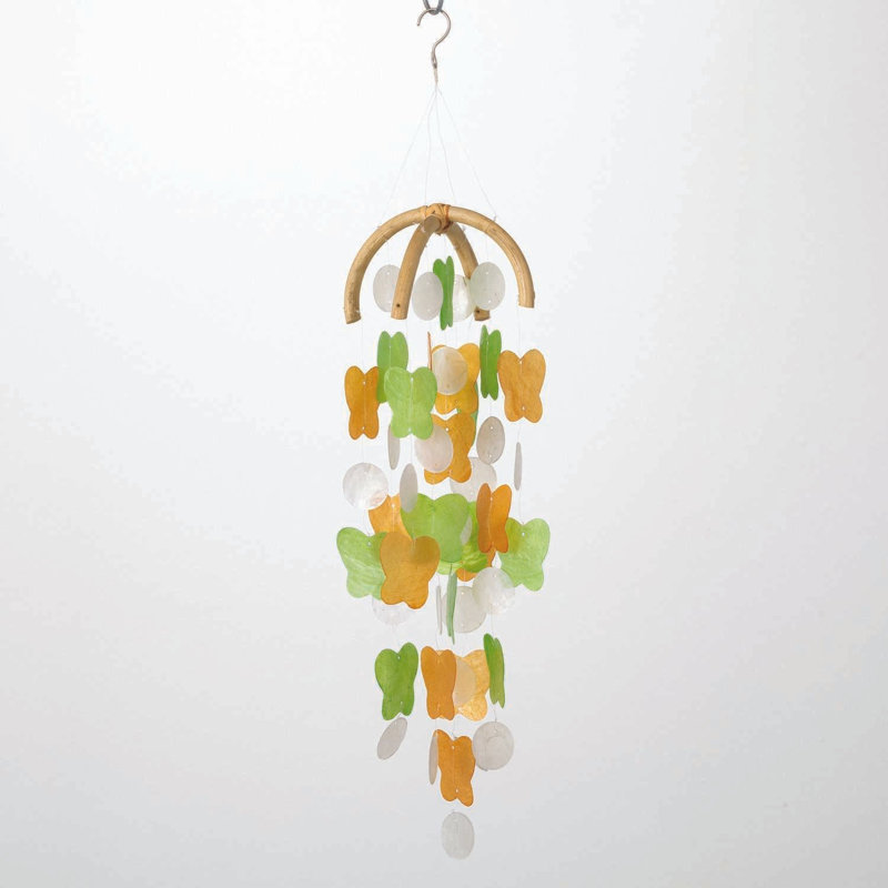 Handcrafted Butterfly Capiz Wind Chime in Patina Green and Marigold