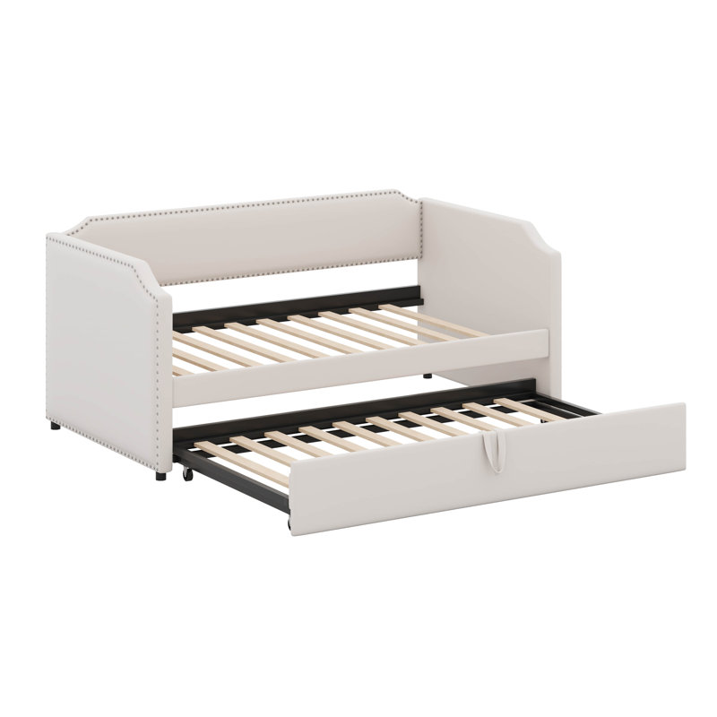 Twin Size Daybed With Pop Up Trundle, Velvet Upholstered Sofa Bed Daybed, Beige