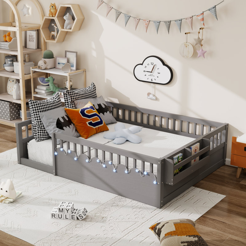 Full Size Floor Bed For Children With High Rails,Light And Storage Shelf, Gray