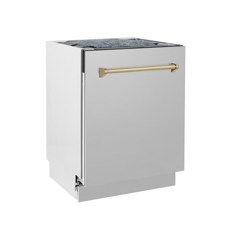 ZLINE Autograph Edition 24 po. Tallac Series 3e unité de lave-vaisselle encastrable à cuve haute en acier inoxydable avec poignée bronze champagne, 51dBa (DWVZ-304-24-CB)
